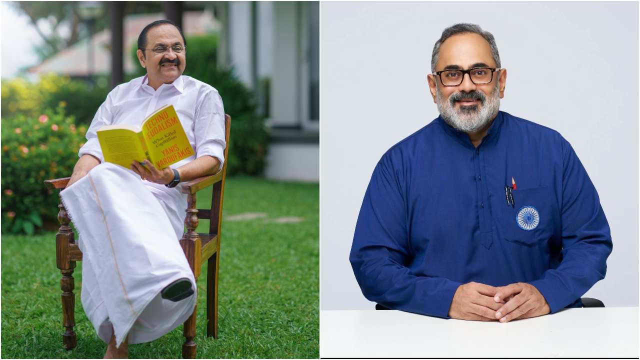 Kerala CM-designate VD Satheesan (L) and BJP's Rajeev Chandrasekhar. Credit: x.com/vdsatheesan, x.com/RajeevRC_X