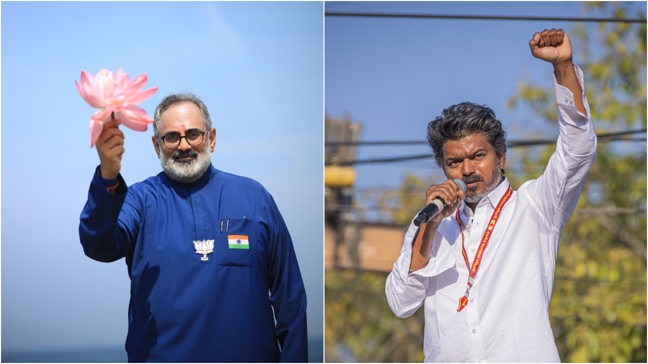 BJP's Rajeev Chandrasekhar and TVK chief Vijay. Credit: x.com/TVKVijayHQ, x.com/RajeevRC_X