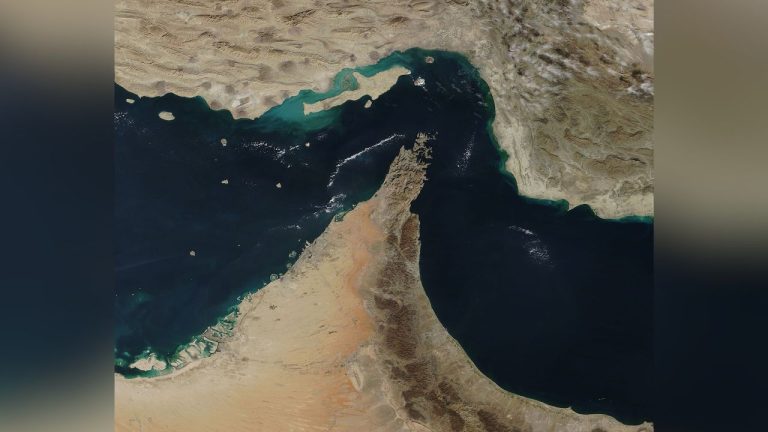 A satellite image of Strait of Hormuz.