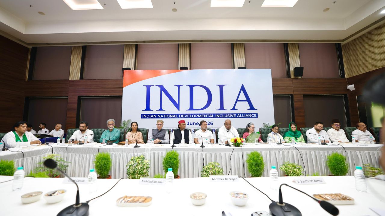 INDIA bloc leaders during the meeting in Delhi.