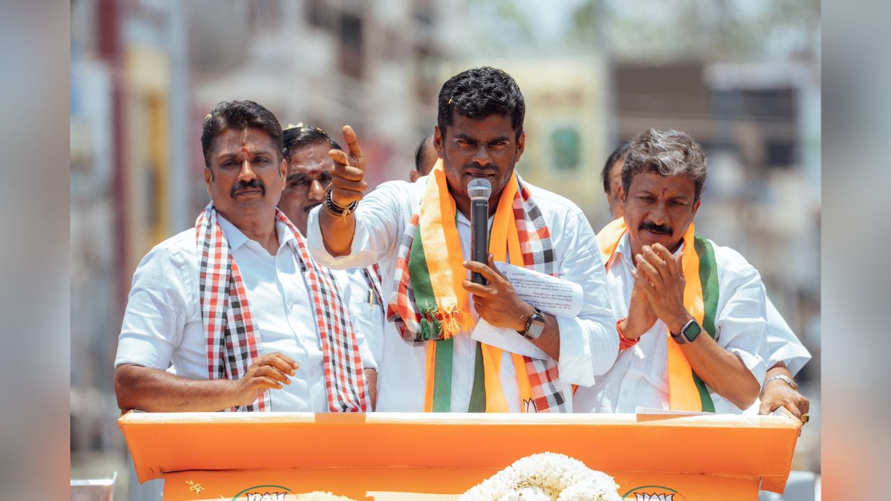 K Annamalai during election campaigning.