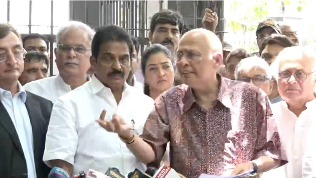 Senior lawyer Abhishek Manu Singhvi briefing the press after meeting the EC.
