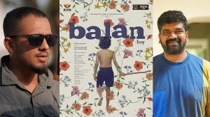 (From left) Chidambaram, the title poster of Balan: The Boy and Jithu Madhavan.