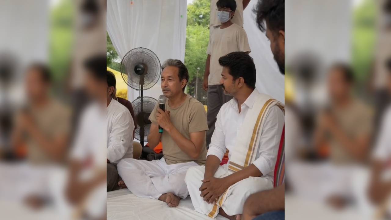A fake, AI-generated video showed Vijay sitting in solidarity with Sonam Wangchuk at Jantar Mantar in New Delhi.