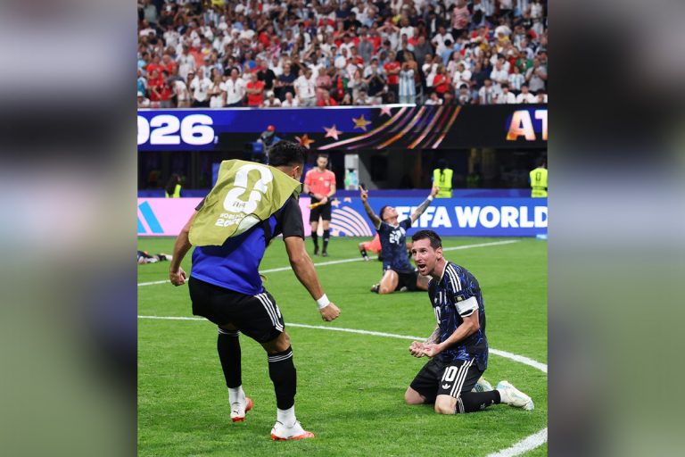 Lionel Messi celebrates Argentina's 2–1 victory over England in the FIFA World Cup 2026 semi-final.
