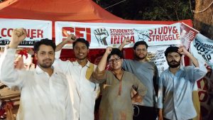Mehina with fellow comrades at the Jantar Mantar protest site.