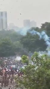 Security forces fired teargas shells to disperse the protesters. (Screengrab)
