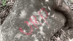 Red paint markings on a rock in Alleri, where villagers say people identifying themselves as officials marked locations.