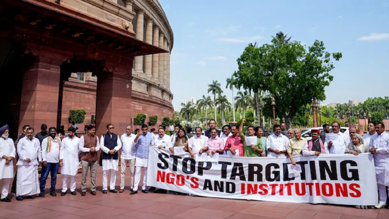 Opposition MPs staging a protest against the proposed FCRA Bill in New Delhi.