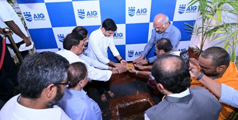Nara Lokesh, along with AIG Hospitals Chairman Dr D Nageshwar Reddy, laid the foundation stone