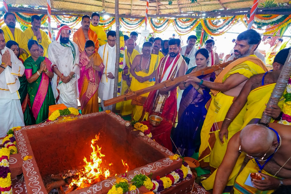 Telangana Chief Minister Revanth Reddy and his wife participated in the Purnahuti of the Varuna Yagam at Nagarjuna Sagar.