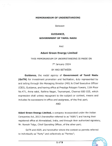 The first page of the Memorandum of Understanding signed on 7 January 2024, between Government of Tamil Nadu, and Adani Group