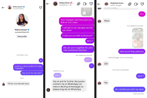 Screenshots of Instagram conversations with influencers discussing paid promotion for Vijay Thalapathy. One influencer quotes ₹75,000 for a reel and story, another discusses a ₹50,000 fee after being told her manager was paid ₹60,000, and a third says he was paid ₹20,000.