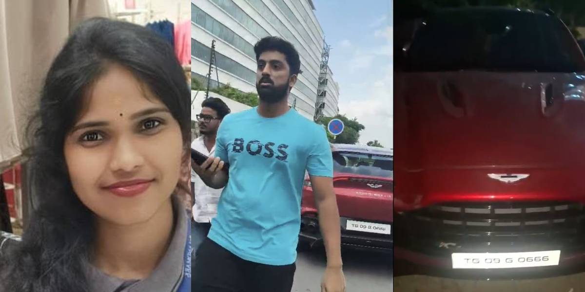 Collage with pictures of of Bharati Mukhi, Lingamaneni Sanjush at the site of the accident, and the Aston Martin car seized by the police