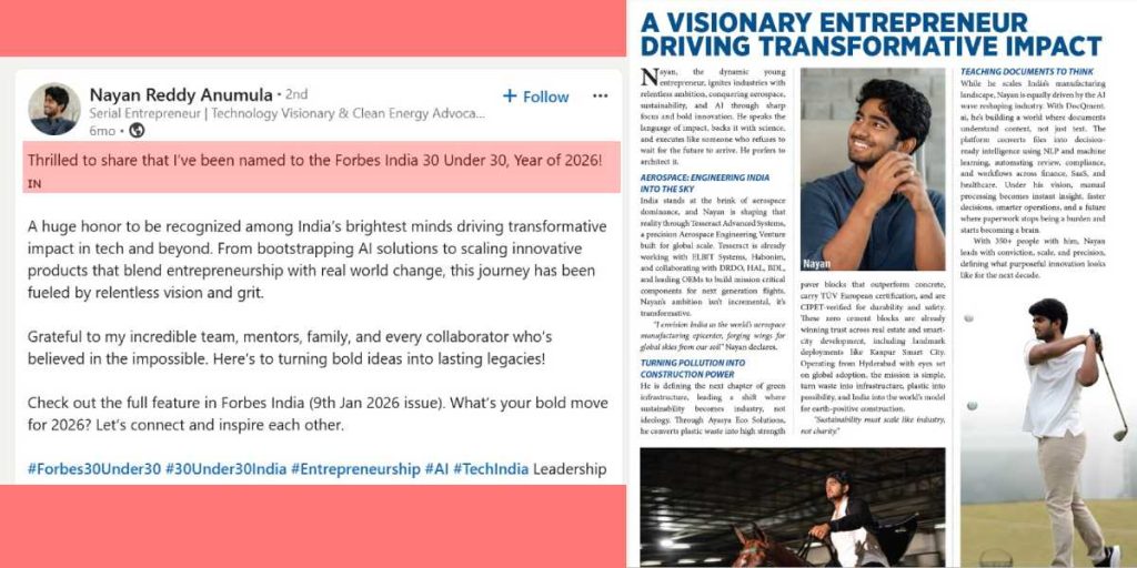 Revanth Reddy’s nephew claims “Forbes 30 under 30” in bio but he isn’t on the list