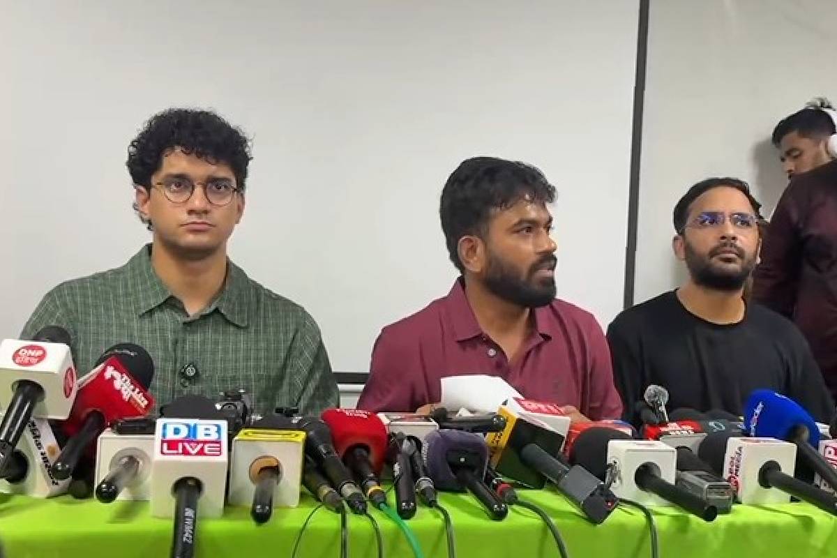 CJP leaders Abhijeet Dipke, Sourav Das and Asutosh Ranka addressing a press conference.