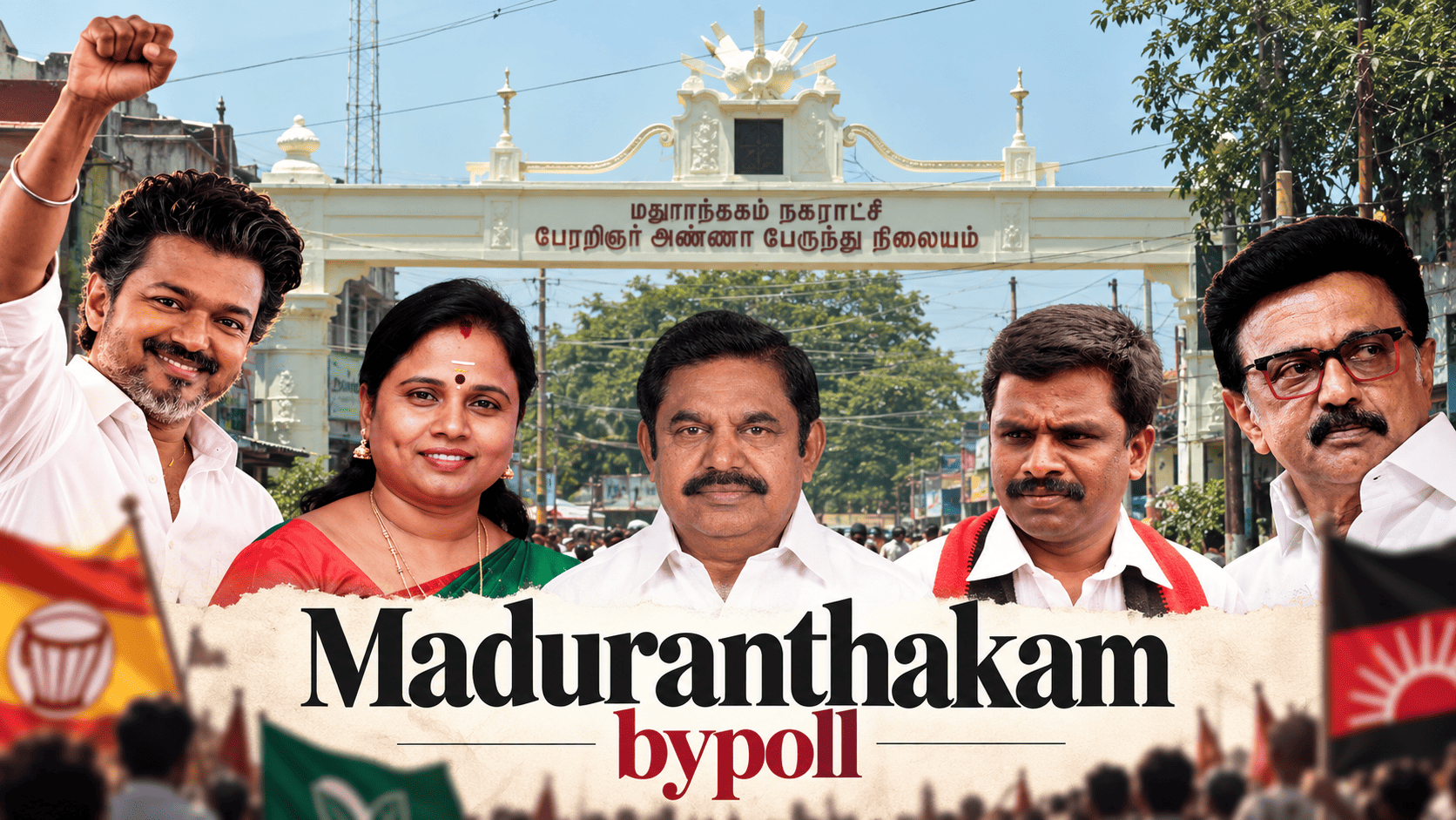 Maduranthakam bypoll graphic featuring five political figures in front of the Maduranthakam municipal bus stand arch, with party flags and a campaign crowd in the foreground.
