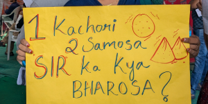 Poster held by a protestor at the Hyderabad demonstration against SIR