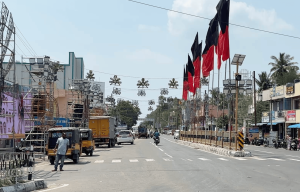 DMK flags displayed along a main road in Maduranthakam ahead of the Assembly bypoll.