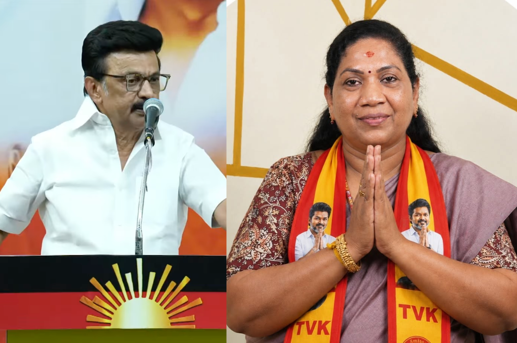 Split image of M.K. Stalin speaking at a podium on the left and TVK candidate Sathyabama standing with folded hands on the right.