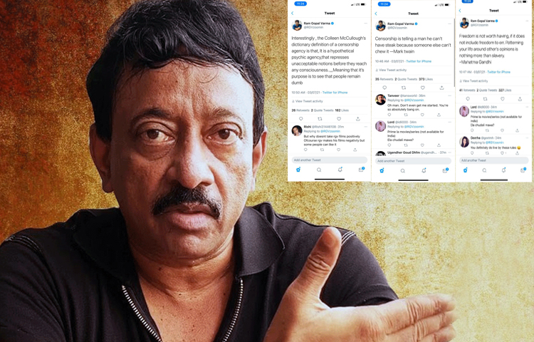సెన్సార్ బిల్లుపై రాంగోపాల్ వర్మ ట్వీట్ల యుద్ధం సెన్సార్ బిల్లుపై రాంగోపాల్ వర్మ ట్వీట్ల యుద్ధం