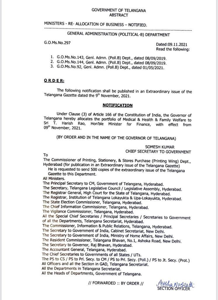 హరీష్రావుకు వైద్యారోగ్యశాఖ బాధ్యతలు హరీష్రావుకు వైద్యారోగ్యశాఖ బాధ్యతలు