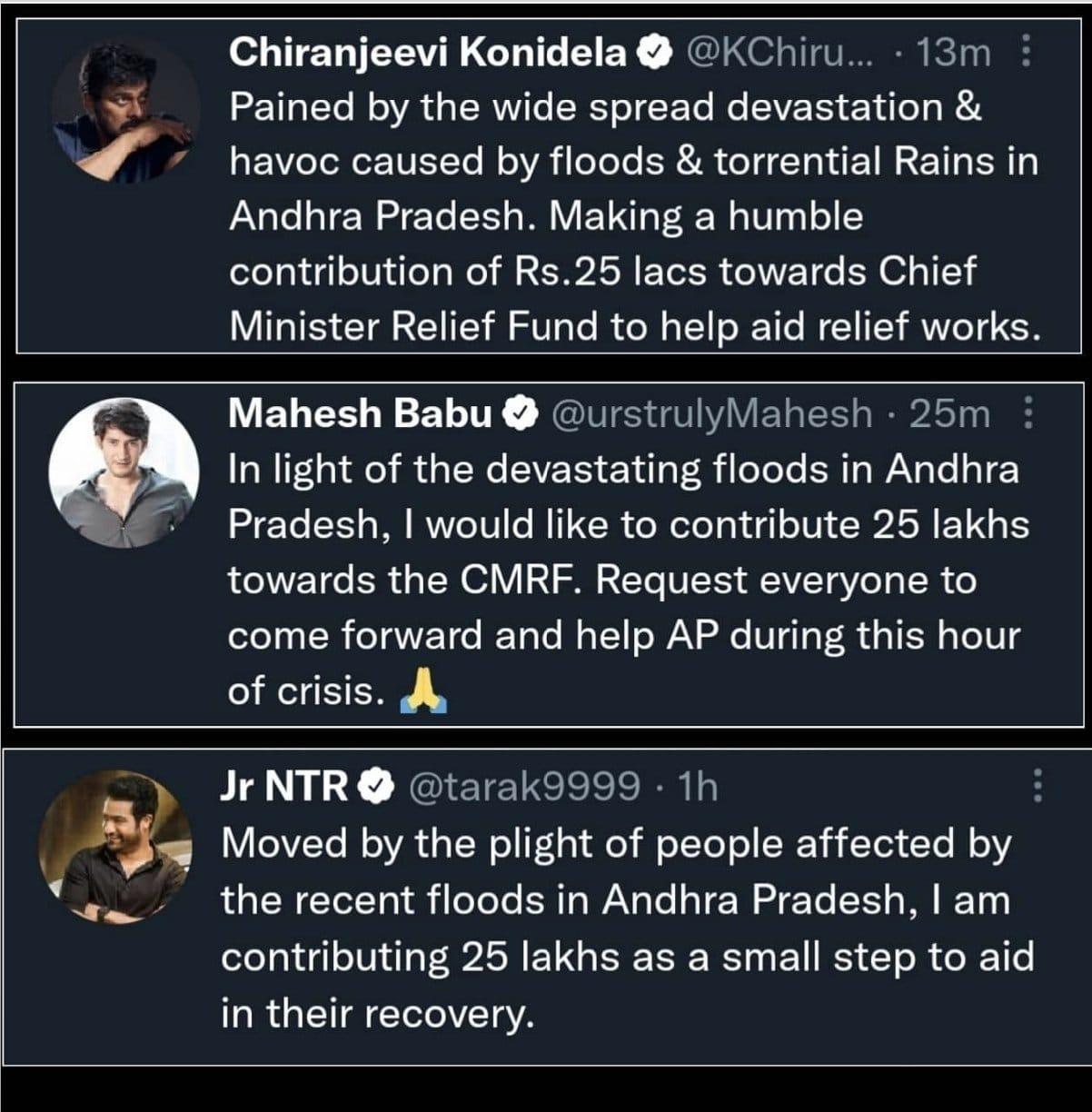 వరద బాధితులకు తెలుగు హీరోల సాయం వరద బాధితులకు తెలుగు హీరోల సాయం