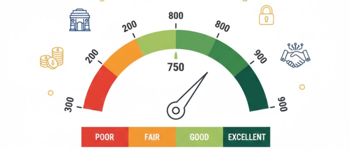 Credit score range in India from 300 to 900 showing poor to excellent rating