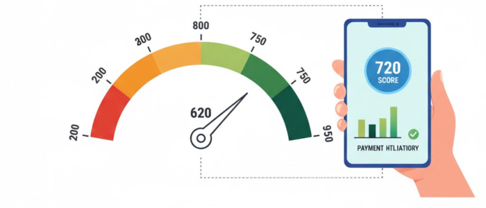 Credit score explained in India showing CIBIL score range from 300 to 900 with Indian banking and finance concept