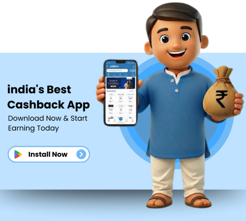 Zokera app interface showing cashback on online shopping with Amazon, Flipkart, and Myntra