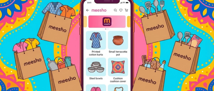 Meesho app on smartphone showing low-price clothing and home items