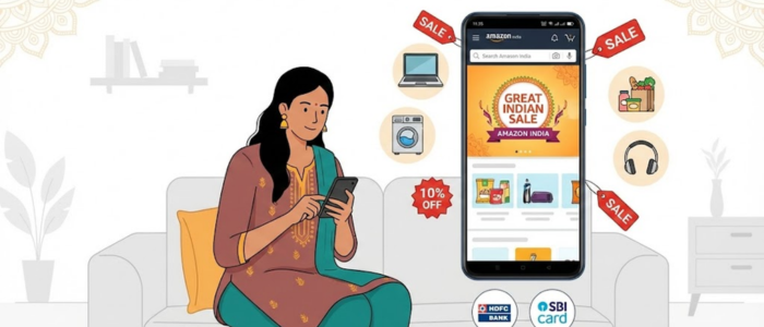 Indian shopper using Amazon India app for electronics, appliances, and daily essentials with festival discounts