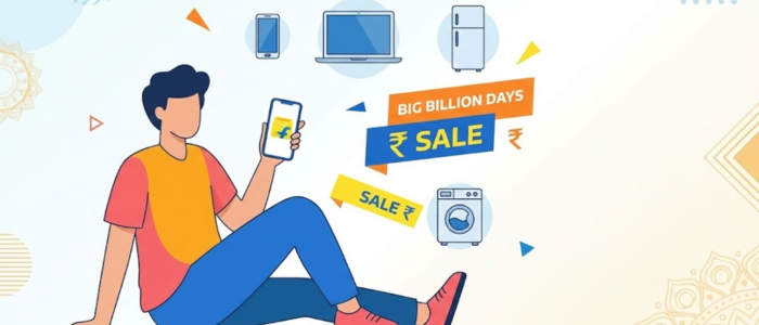 Indian person shopping on Flipkart app during Big Billion Days sale for mobiles, electronics, and appliances