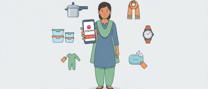 Indian shopper using Snapdeal app for affordable home items, kitchen products, and fashion accessories