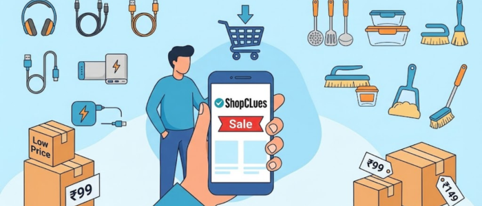 Indian shopper using ShopClues app to buy low-priced electronics accessories and home products