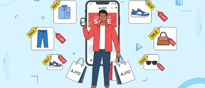 Indian person shopping on Ajio app for branded clothing, footwear, and accessories during sale