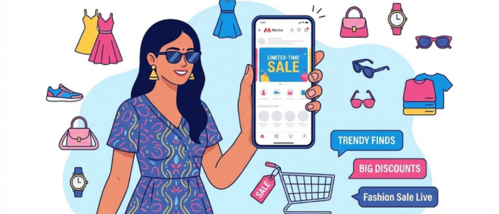 Indian shopper using Myntra app for branded clothing, footwear, and fashion accessories during sales