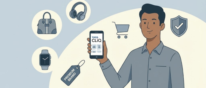 Indian person shopping on Tata Cliq app for fashion, electronics, and branded products during promotions