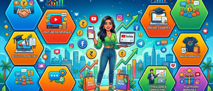 Infographic showing 9 ways Indian content creators can earn money from social media, including brand deals, YouTube revenue, courses, memberships, affiliate marketing, merchandise, Auto-DM, consulting, and platform bonuses