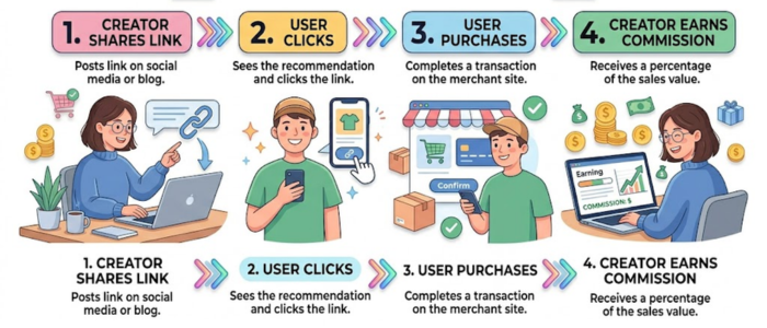 how affiliate marketing works step by step process creator link click purchase commission flow
