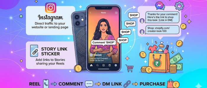 Instagram Reels monetization flow showing auto DM, link in bio, and product tagging to convert views into sales