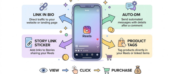 Shoppable links on Instagram Reels illustration showing creator monetizing content with product links and sales icons