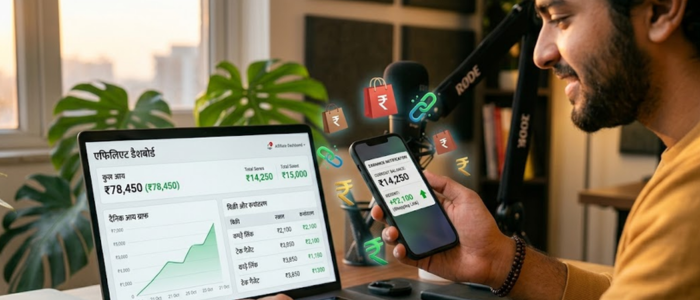 Indian content creator checking passive income earnings on smartphone, concept of earning money online without active work