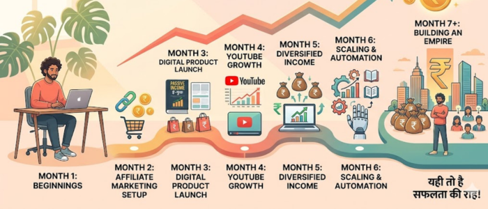 Step-by-step passive income roadmap for content creators in India showing growth from affiliate marketing to multiple income streams