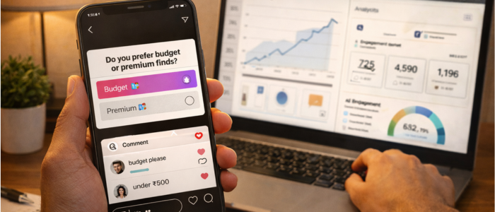 Creator analyzing Instagram polls and audience insights to understand buying preferences