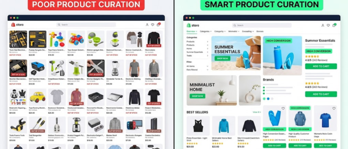 wrong vs right product curation example, organized storefront vs random products, creator storefront optimization