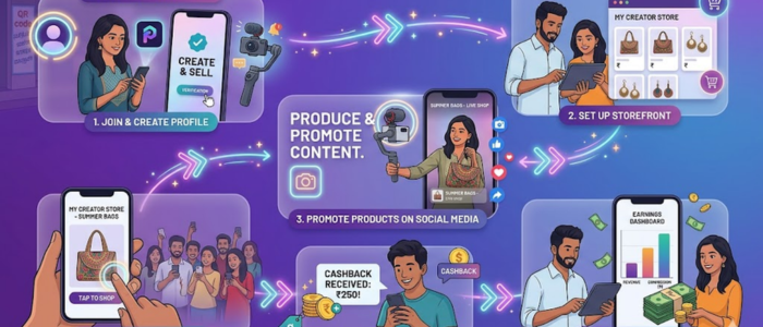 Step-by-step infographic showing how creator commerce works, from joining a platform to earning commission and cashback through a creator storefront