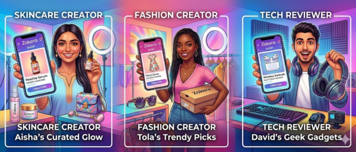 Skincare fashion tech creator Zokera storefront examples
