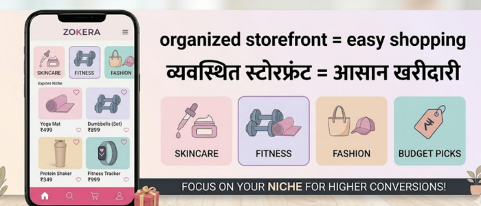 अपने niche के लिए product collection को categories में organize करें Zokera storefront पर