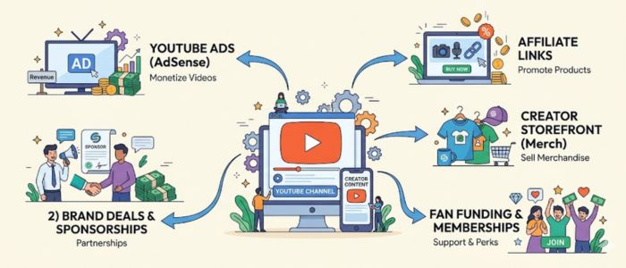 YouTube creators Zokera से ज़्यादा earn कैसे करें के लिए multiple income streams diagram
